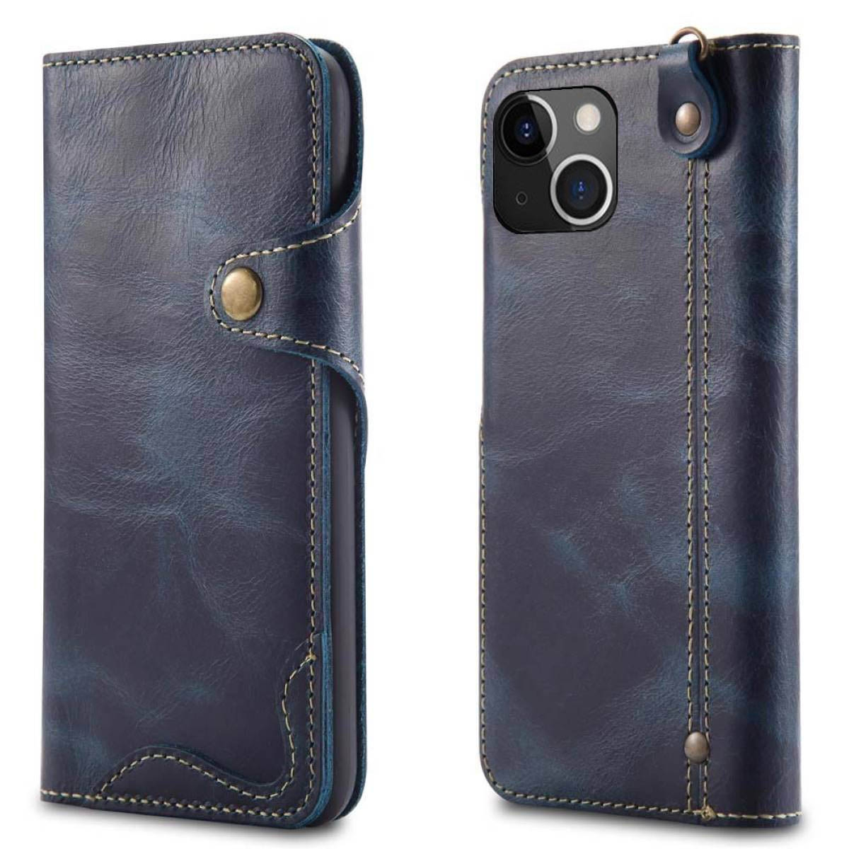 Dunkelblaue Leder-Handyhülle, geschlossen und offen. Zeigt Karten, Telefon und Knopf.
