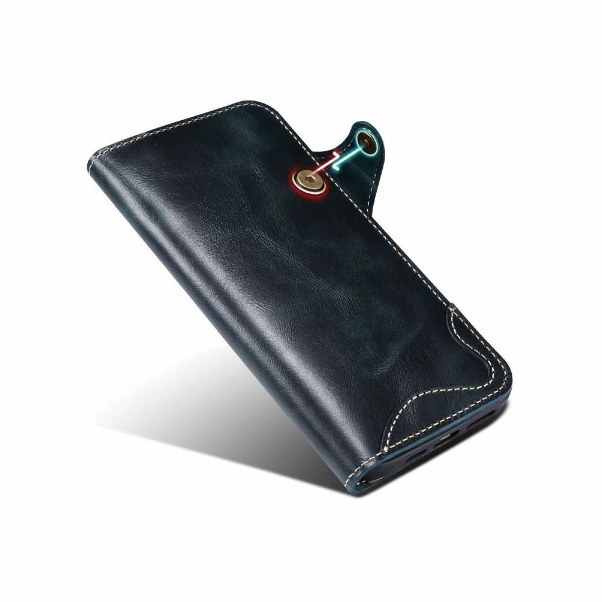 Dunkelblaue Leder-Handyhülle mit Knopfverschluss und weißen Nähten.