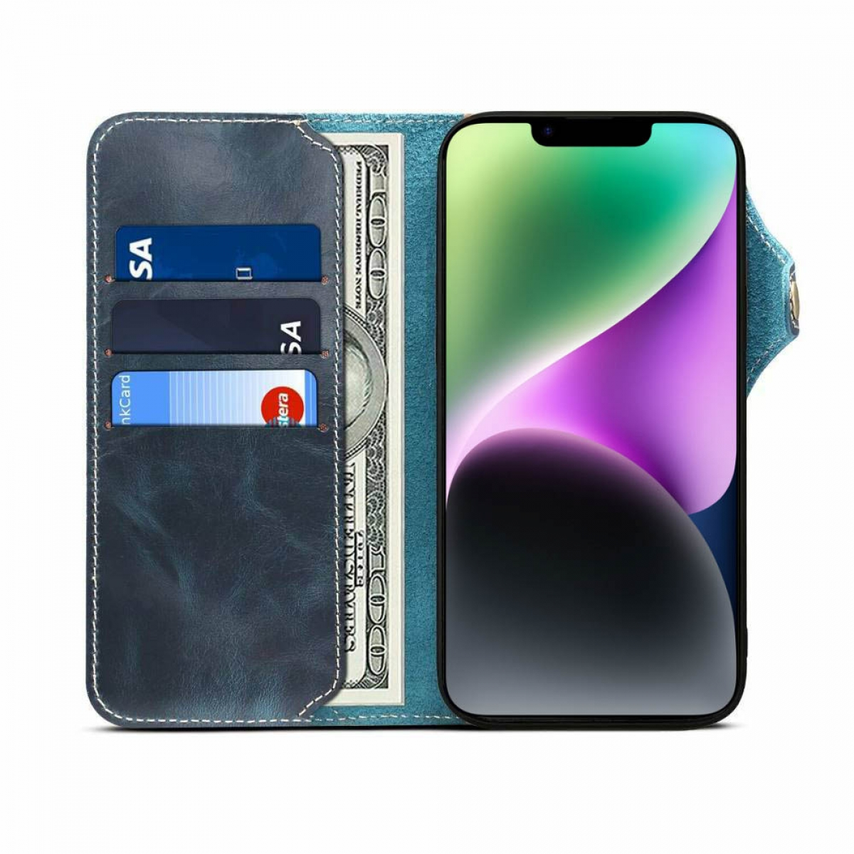 Blau Bookcover, 14 Plus, iPhone Apple, Leder, CASEONLINE