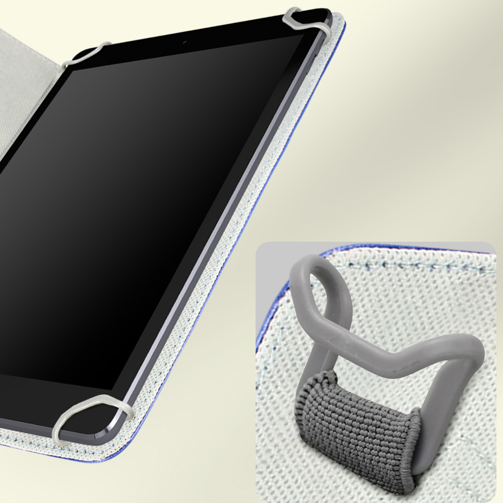 Tablet in custodia con supporto. Dettaglio del supporto.