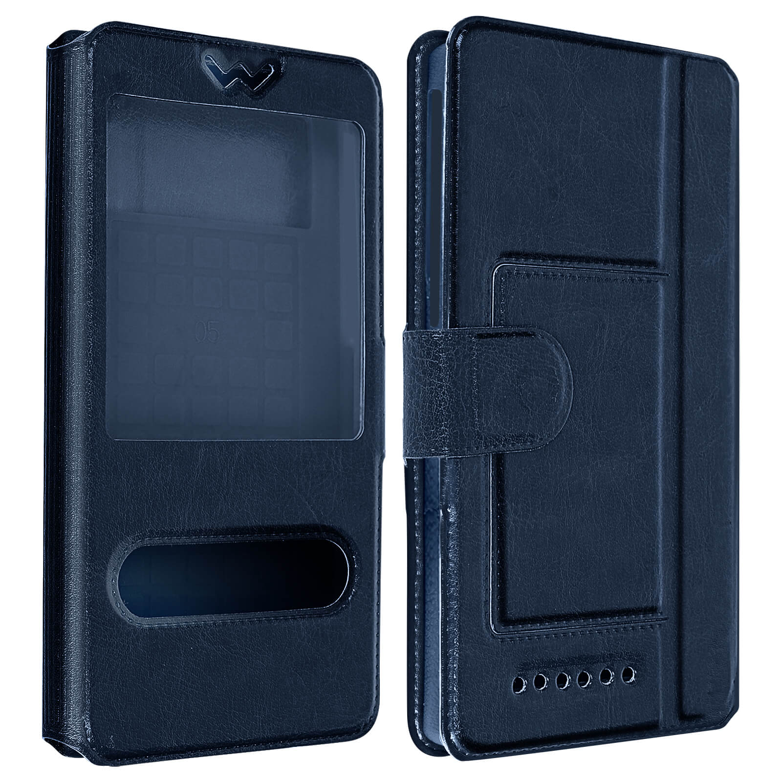 Custodia per telefono blu, frontale aperto, schermo visibile, retro chiuso.