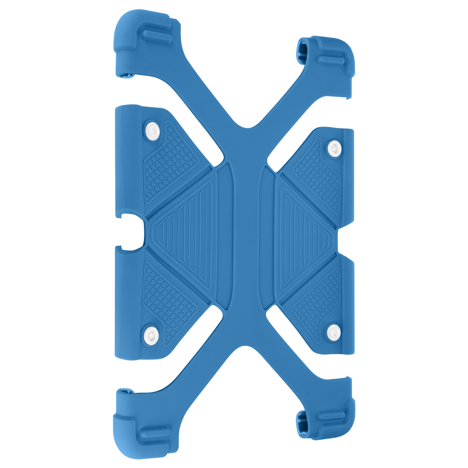 Ein blaues, symmetrisches, X-förmiges Telefon- oder Tablethalter, isoliert auf weißem Hintergrund.