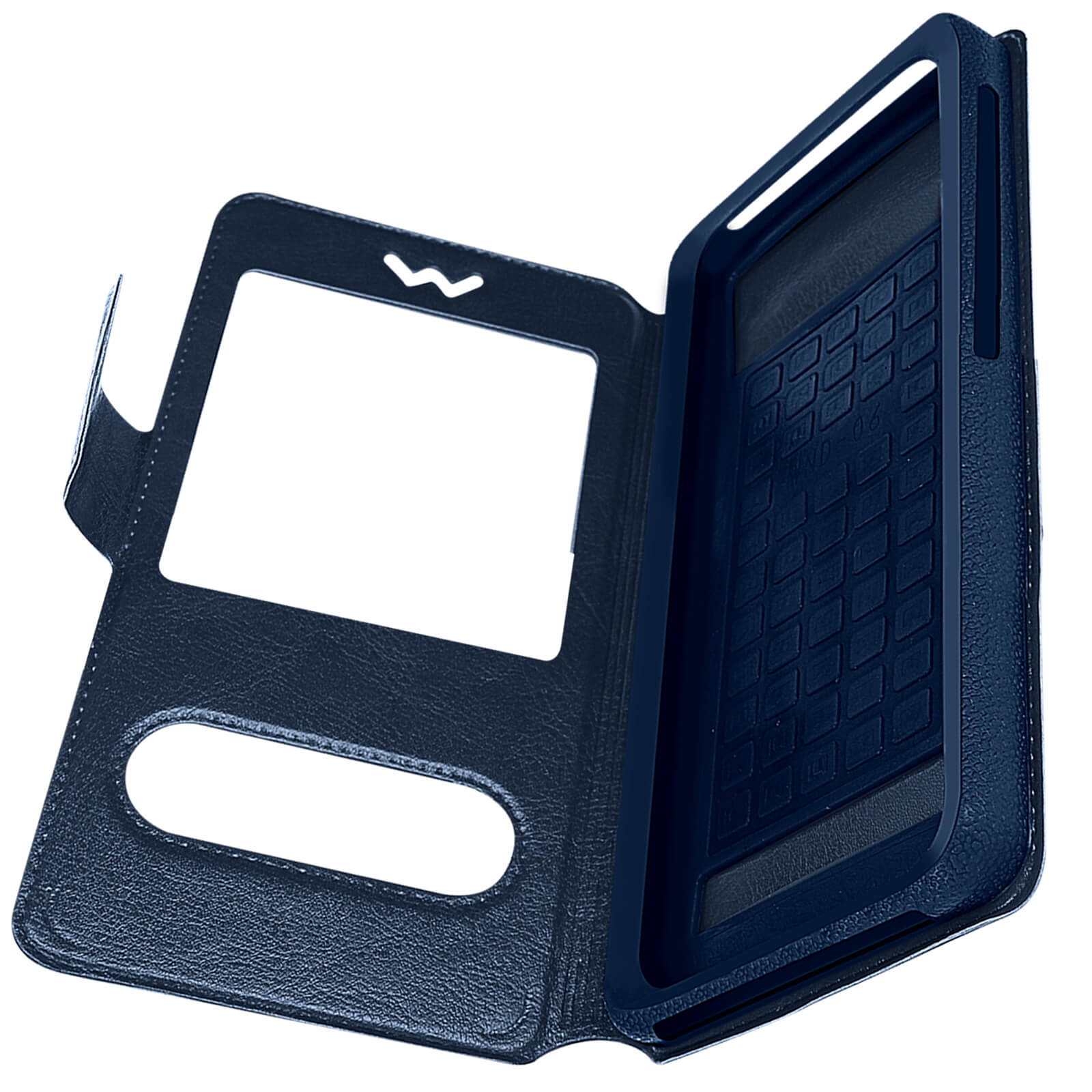 Custodia blu navy, aperta per mostrare l'interno con una finestra rettangolare e un porta telefono.