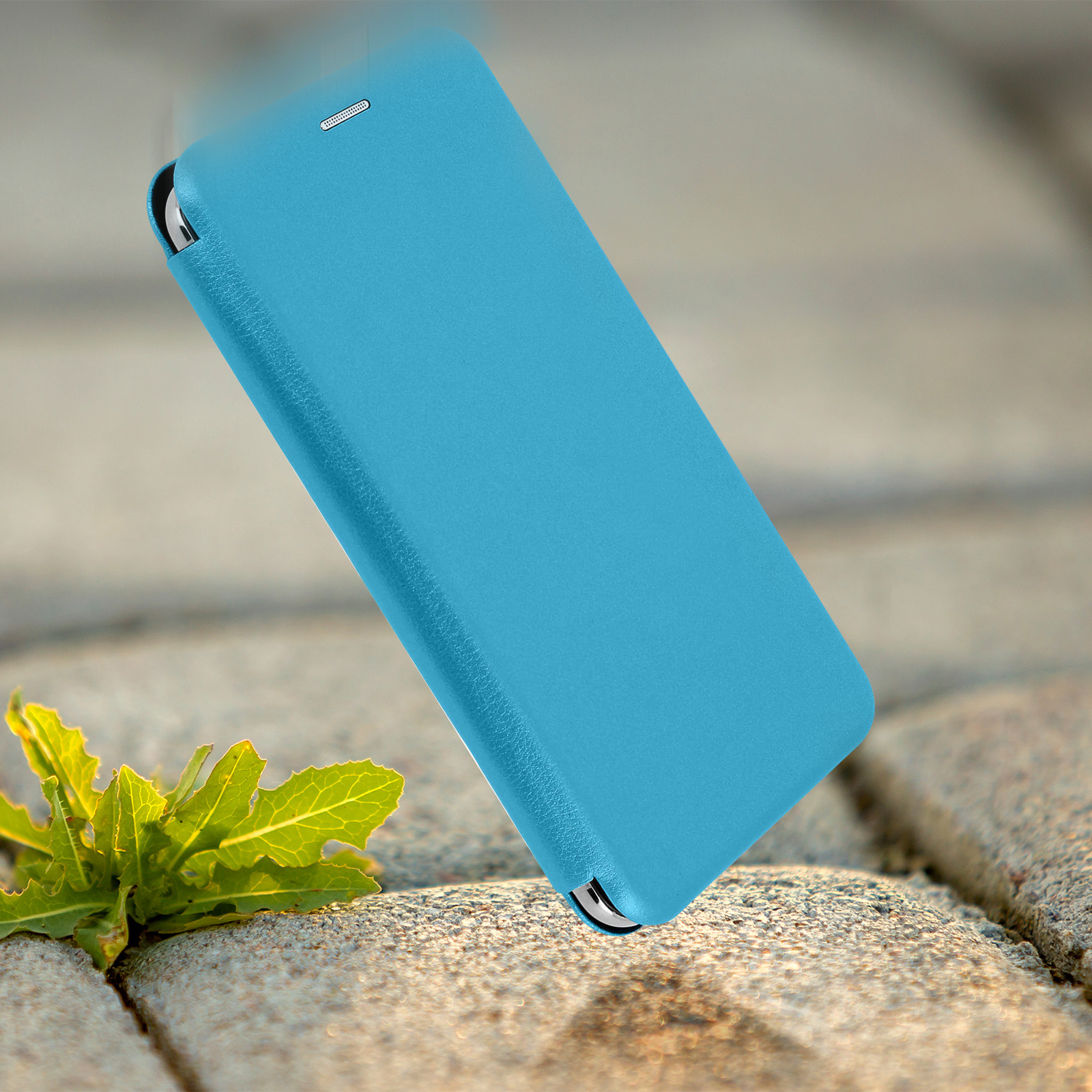 Custodia per telefono azzurra, leggermente angolata, su un sentiero di pietra. Pianta verde in primo piano.
