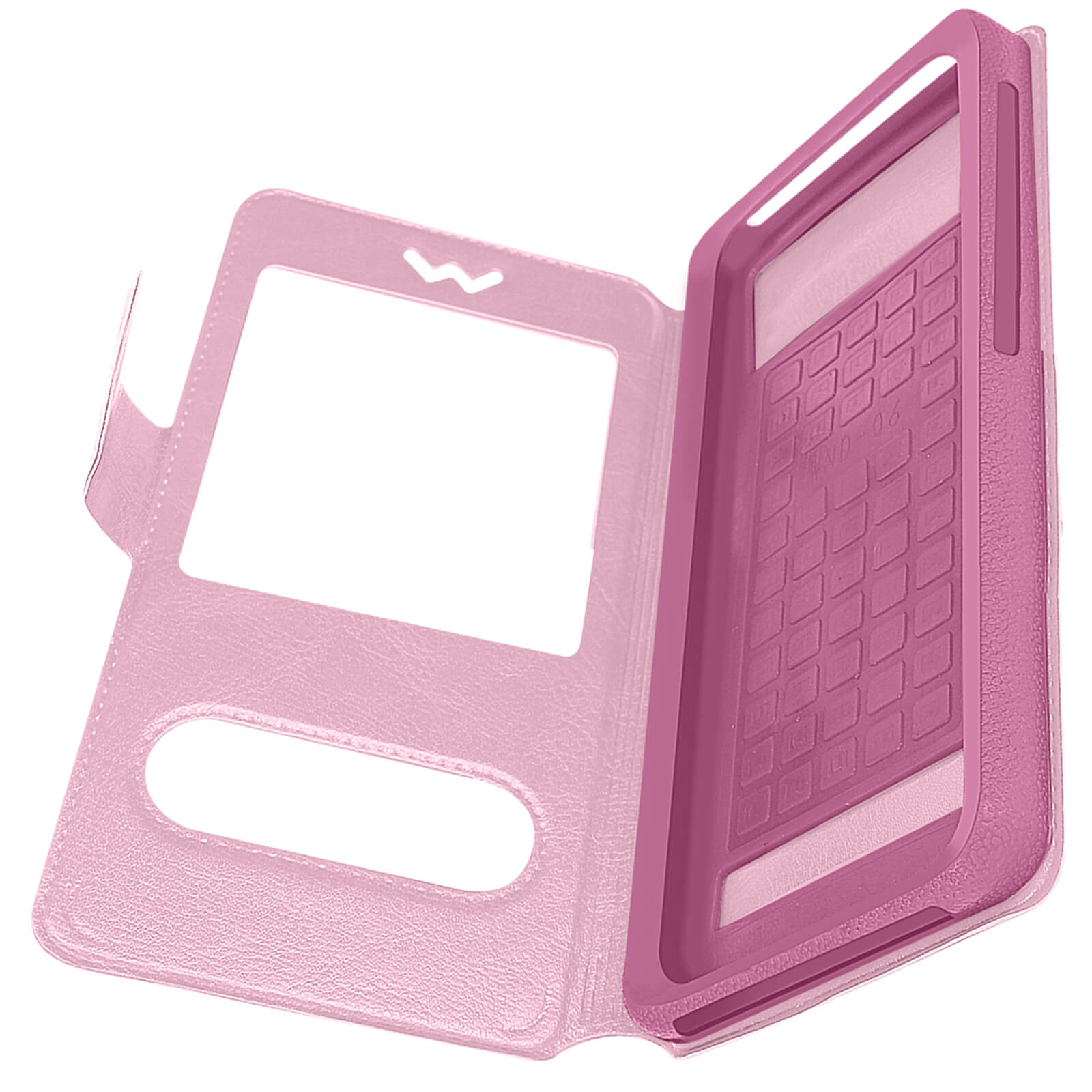 Coque de téléphone rose, ouverte pour révéler le support du téléphone. Le support a une surface texturée.