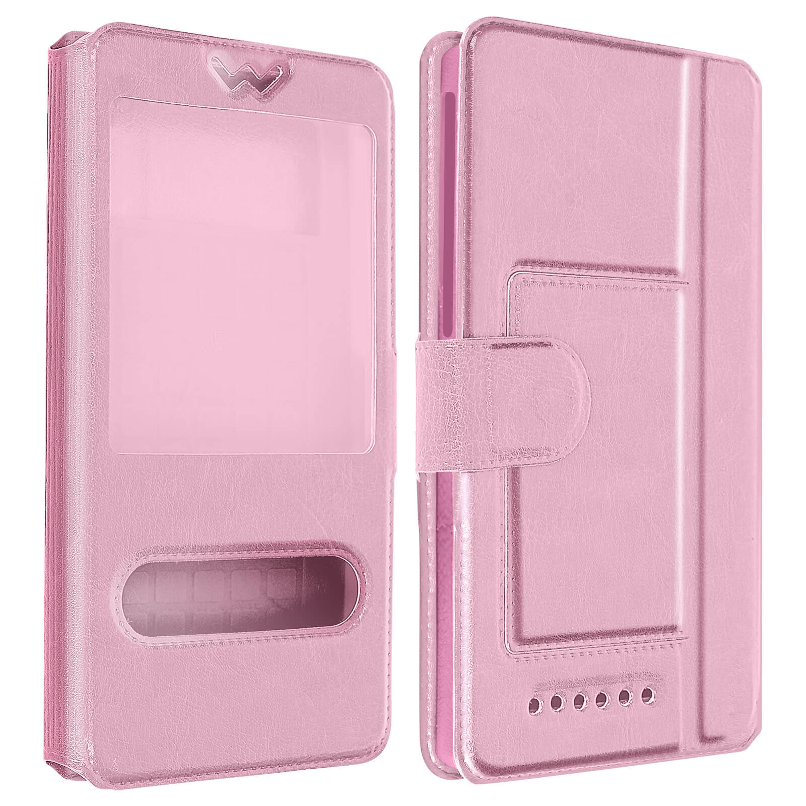 Coque de téléphone rose, ouverte, sur fond blanc. Montre la vue à travers la fenêtre.