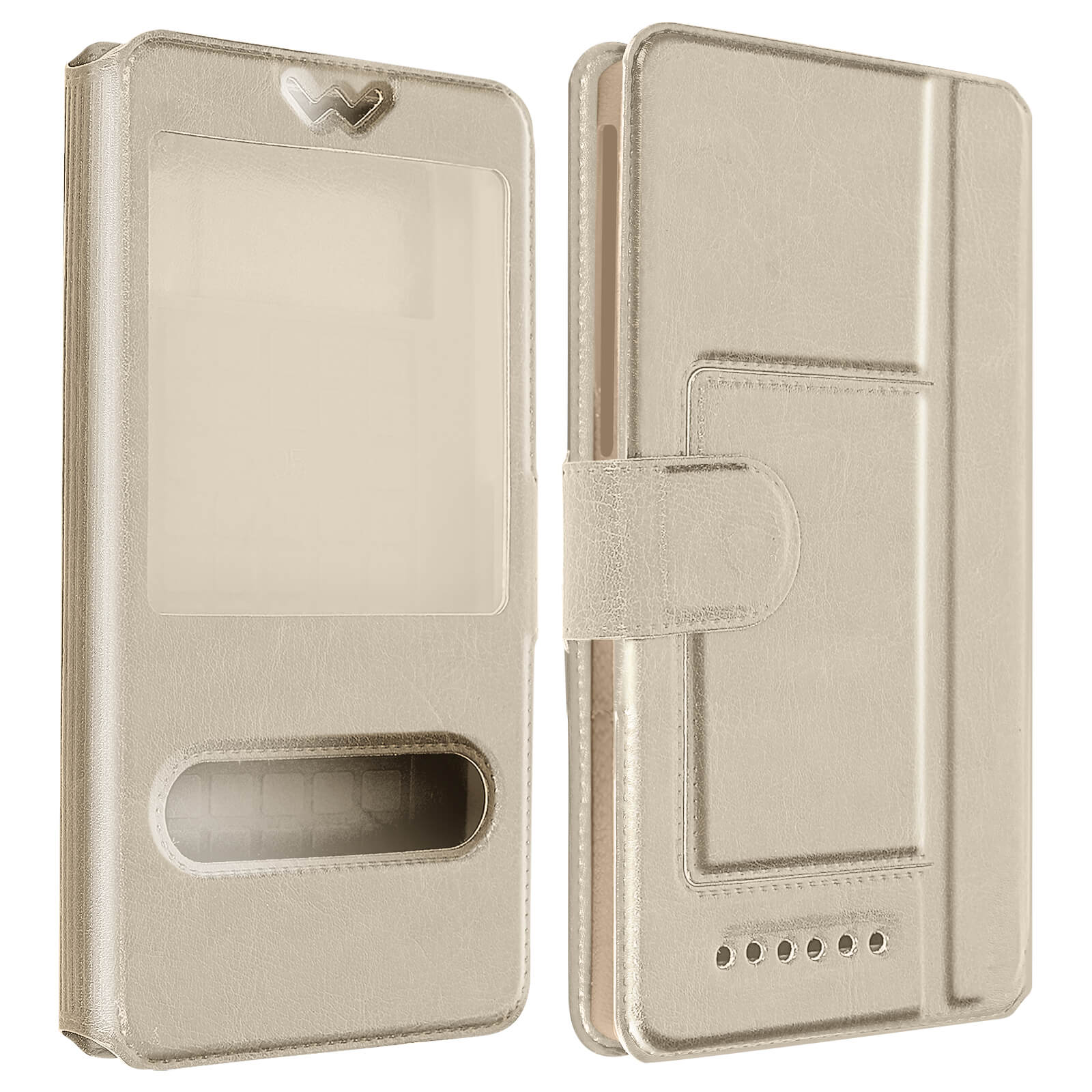 Una custodia per telefono color oro, aperta per mostrare il telefono. La custodia è su uno sfondo neutro.