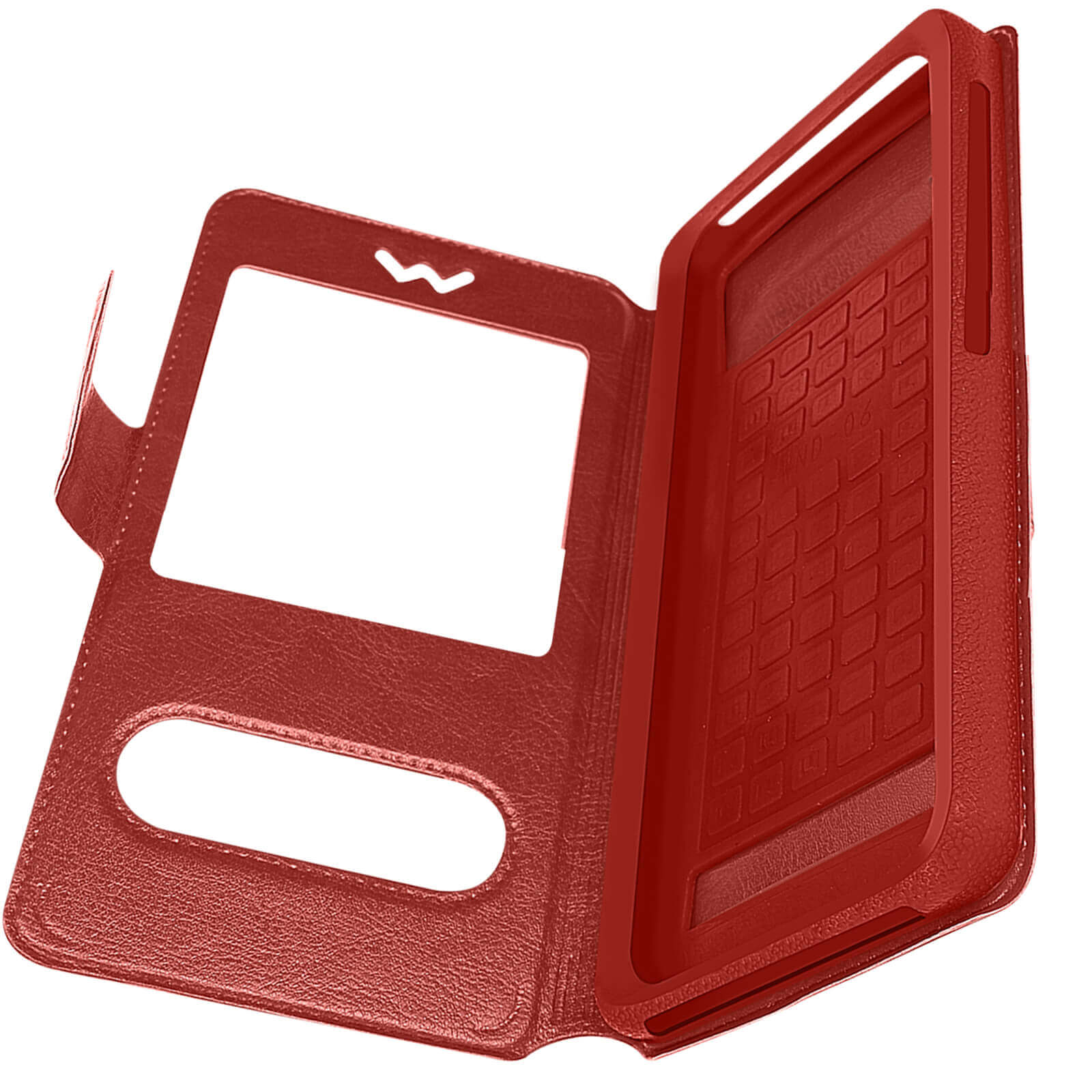 Étui de téléphone rouge ouvert. Il a une fenêtre et un support de téléphone. Le fond est blanc.