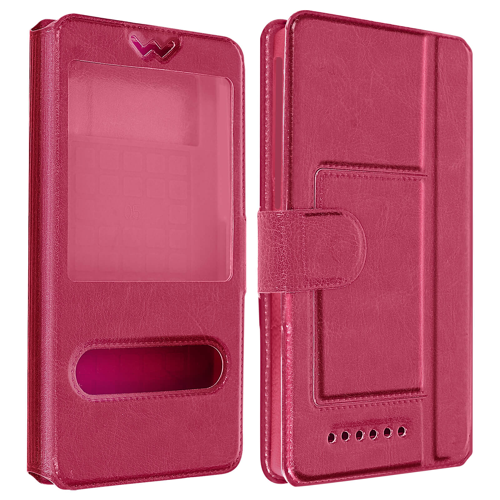 Una custodia rosa per telefono con finestra, che mostra un calendario, su sfondo bianco.