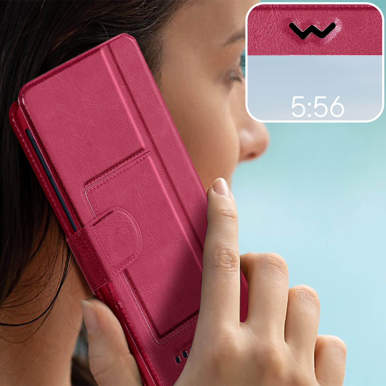 Una donna tiene una custodia rossa del telefono vicino all'orecchio. Un piccolo schermo mostra l'ora 5:56.