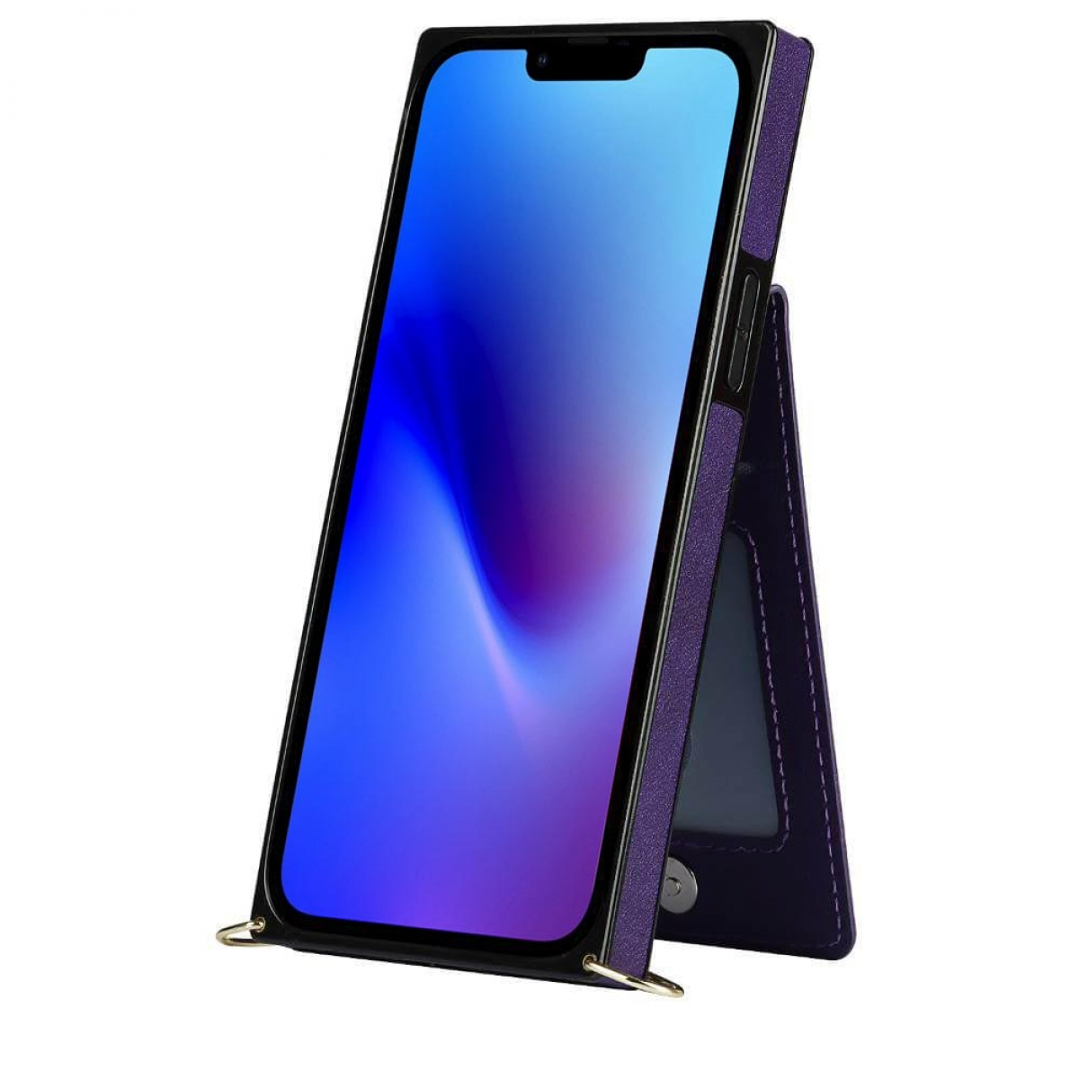 Eine lila Handyhülle mit einem Telefon im Inneren. Die Hülle hat einen Ständer.
