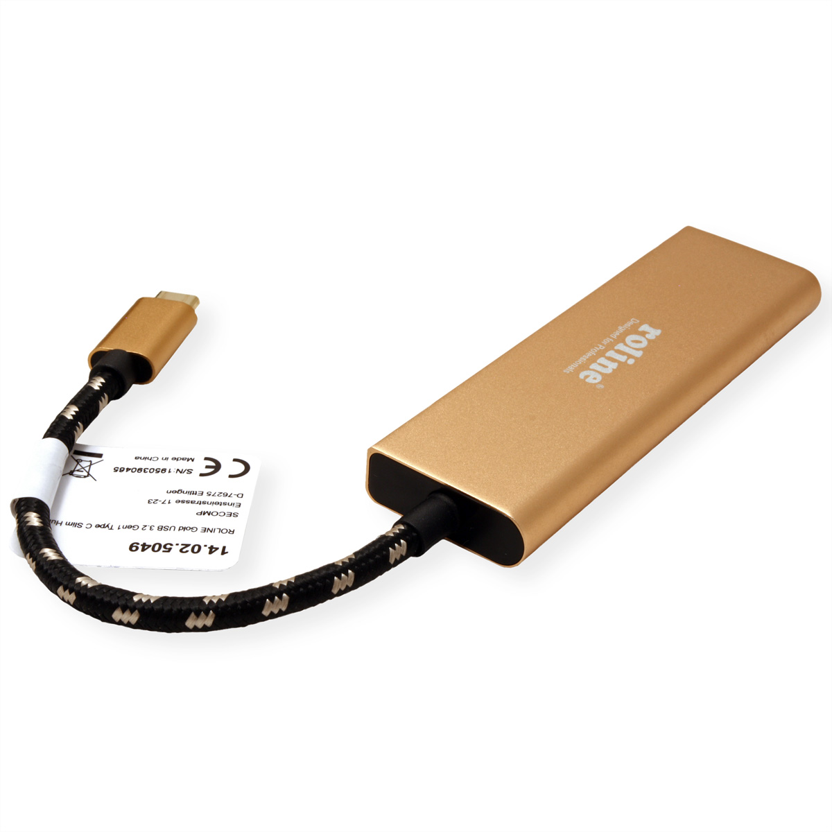 Goldener USB 3.2 Gen 2 Typ C Slim Hub mit schwarz-weißem Kabel, für Profis konzipiert.