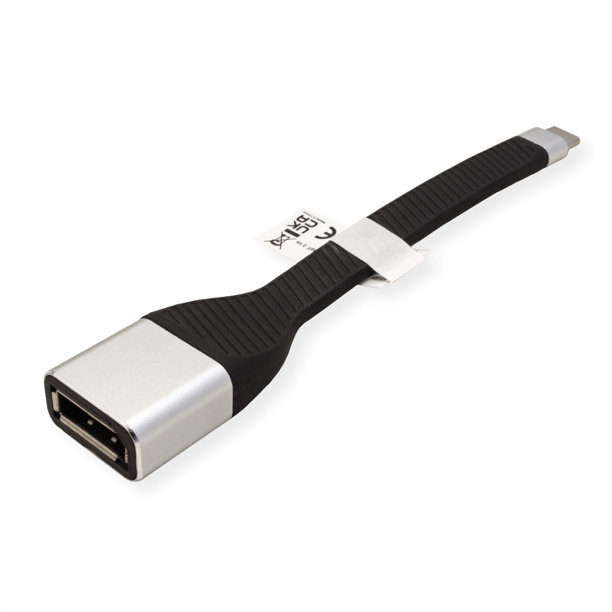 Zilveren en zwarte USB-adapter. De adapter heeft een USB-poort en een geribbelde grip.
