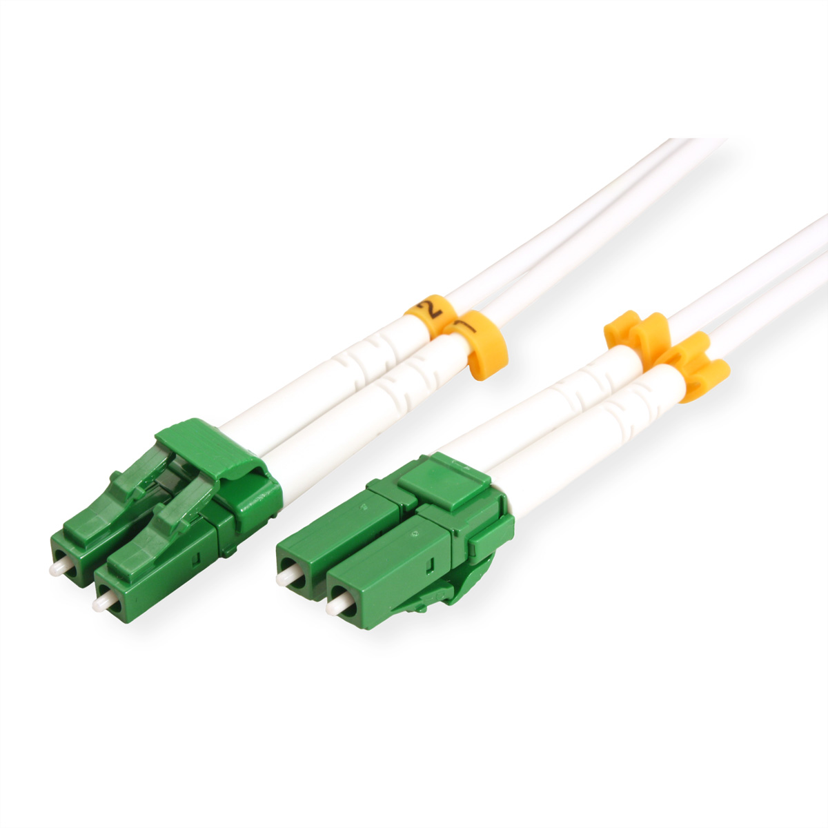 Twee witte kabels met groene connectoren en gele clips, op een witte achtergrond.