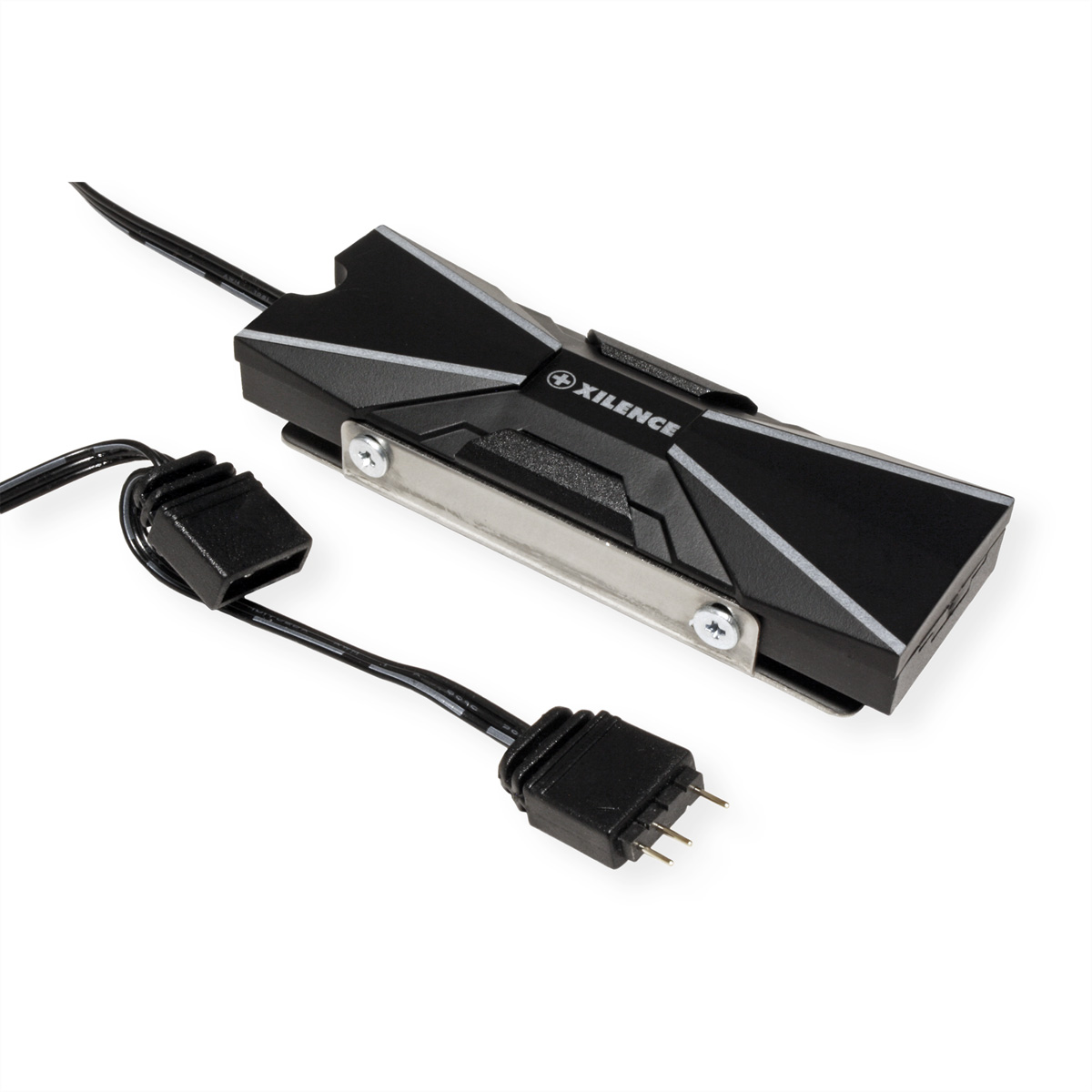 Zwart en zilver computeronderdeel met een zwarte kabel en connector. XILENCE staat erop gedrukt.