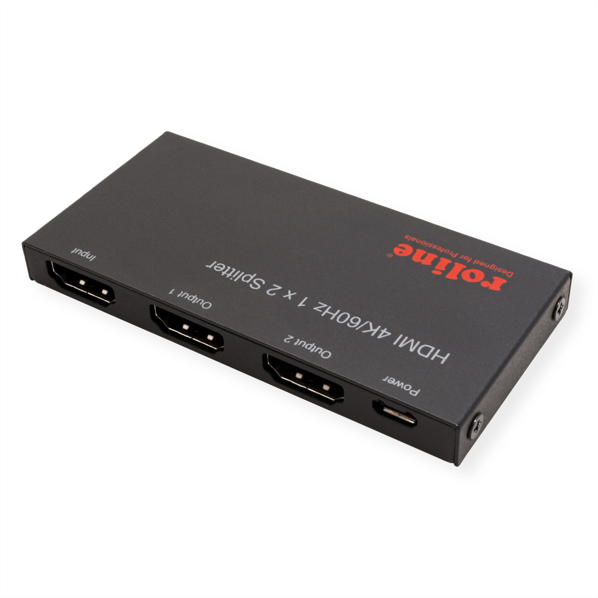Un répartiteur HDMI noir avec des ports d'entrée et de sortie. La marque est Roline.