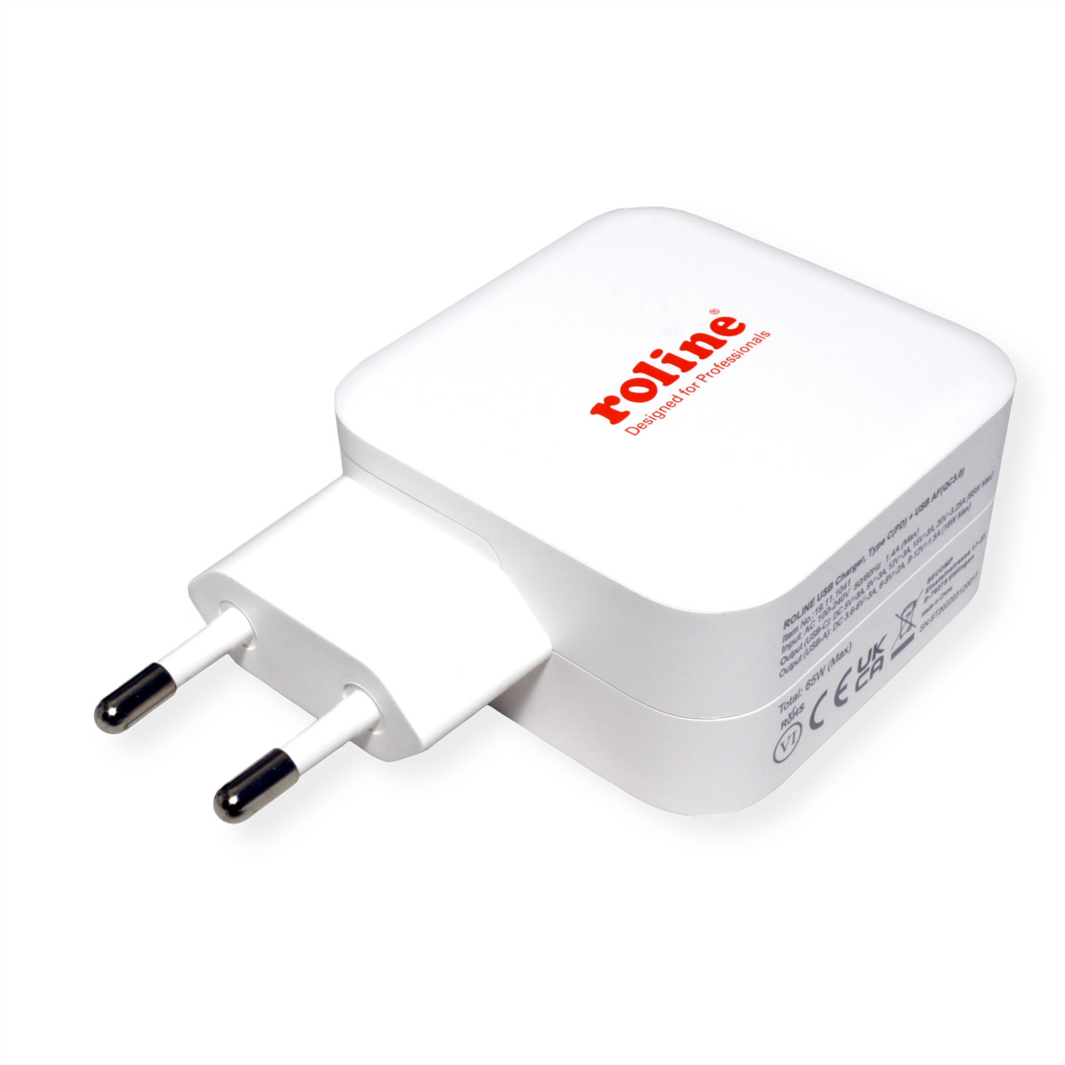 Chargeur carré blanc avec deux broches noires ; logo « roline », fond blanc.