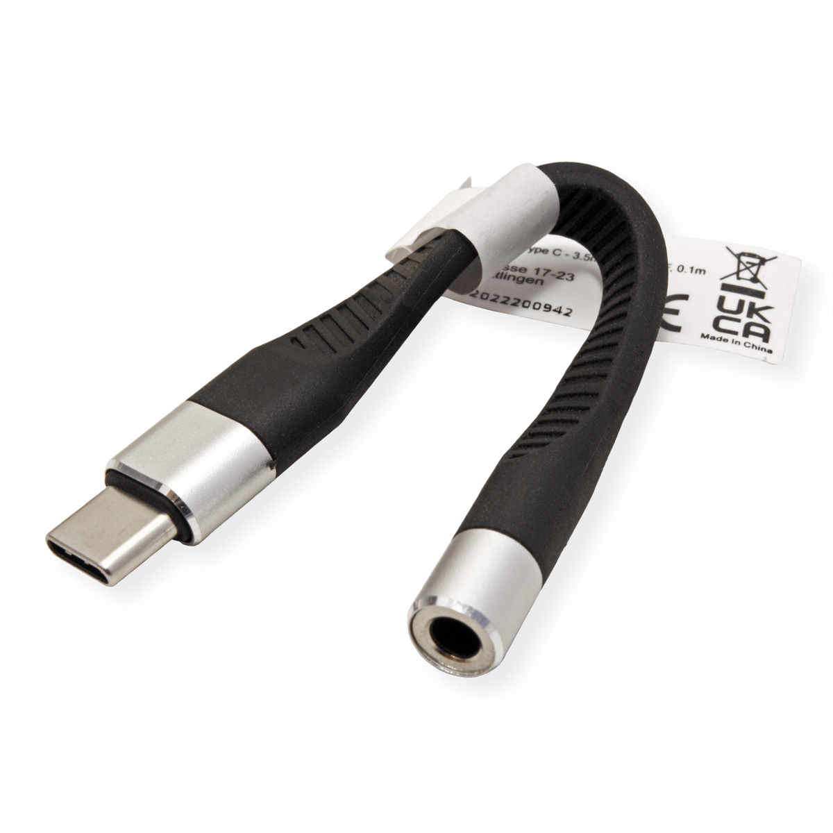 Câble adaptateur audio USB-C vers 3,5 mm noir et argent. Il a une étiquette dessus.