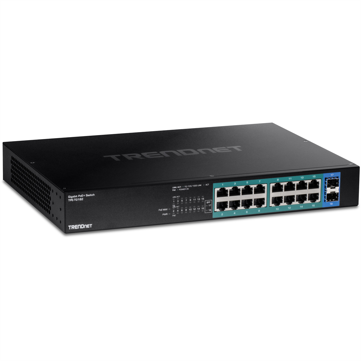 Schwarzer Netzwerk-Switch mit mehreren Anschlüssen. Die Anschlüsse sind beschriftet, mit Kontrollleuchten.
