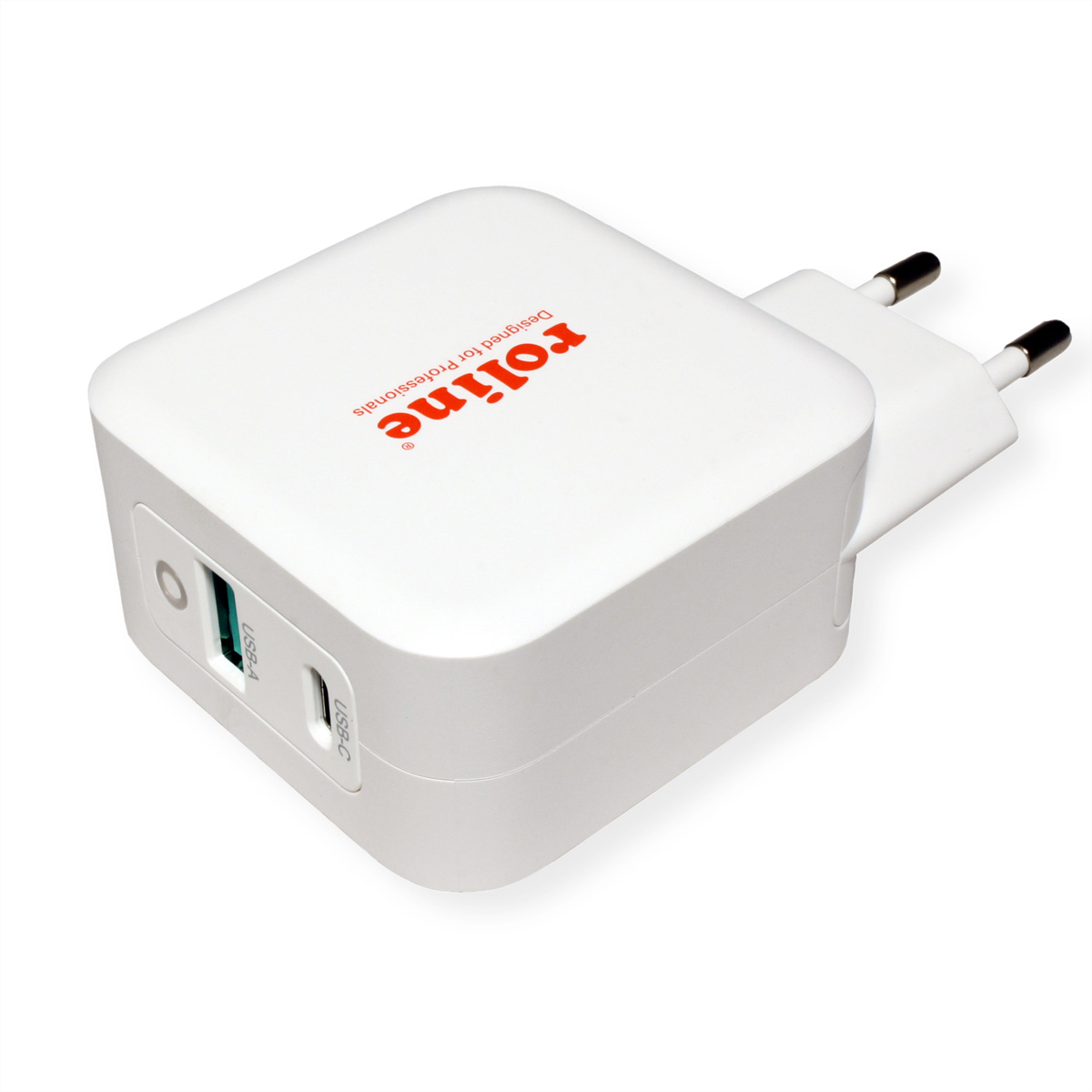 Chargeur Roline blanc avec ports USB-A et USB-C, conçu pour les professionnels.