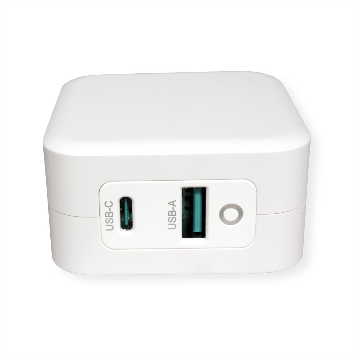 Chargeur USB blanc avec ports USB-C et USB-A. Le texte sur le chargeur indique USB-C et USB-A.