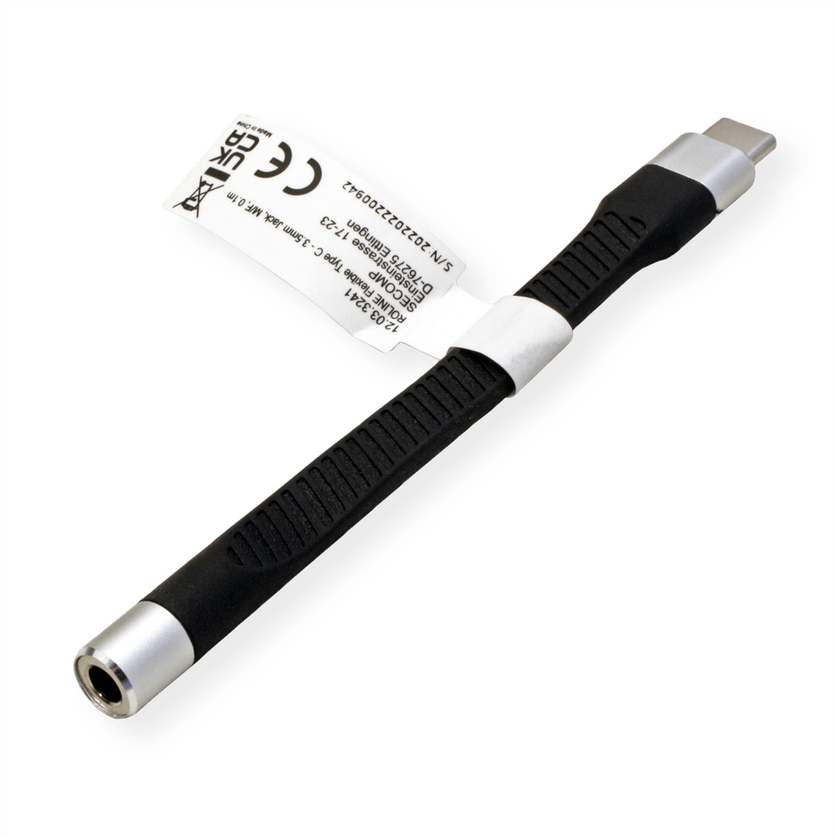Câble adaptateur noir et argent. Il possède un USB-C et une prise jack 3,5 mm.