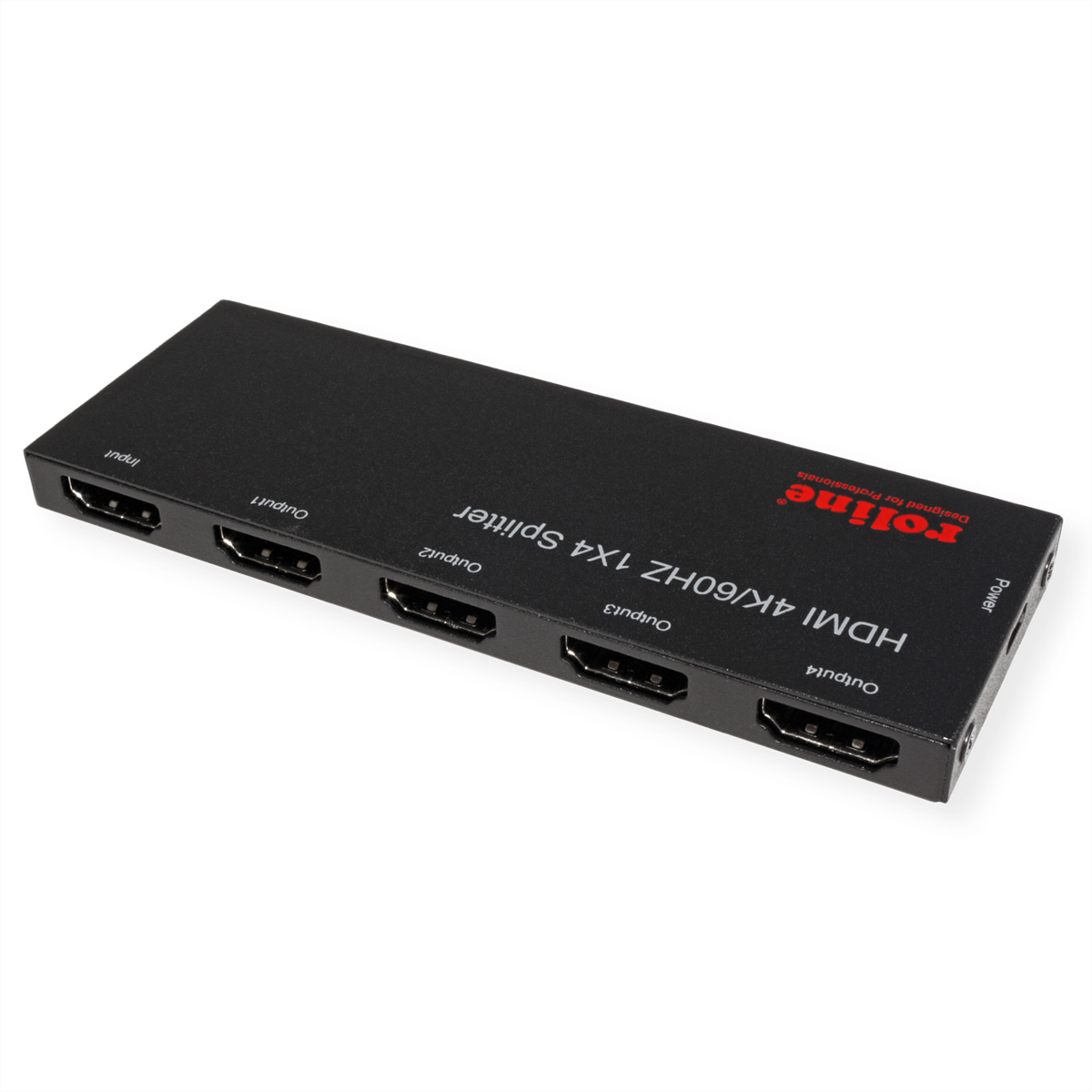 Répartiteur HDMI noir avec 4 sorties. Il possède des ports d'entrée, de sortie et la marque Rolline.