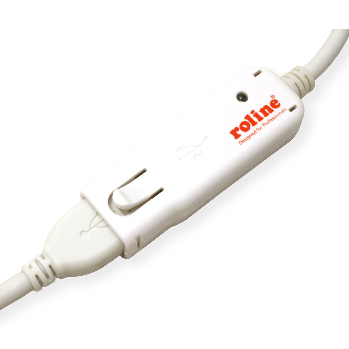 Ein weißer USB-Adapter mit USB-Anschluss und dem Markennamen "roline".