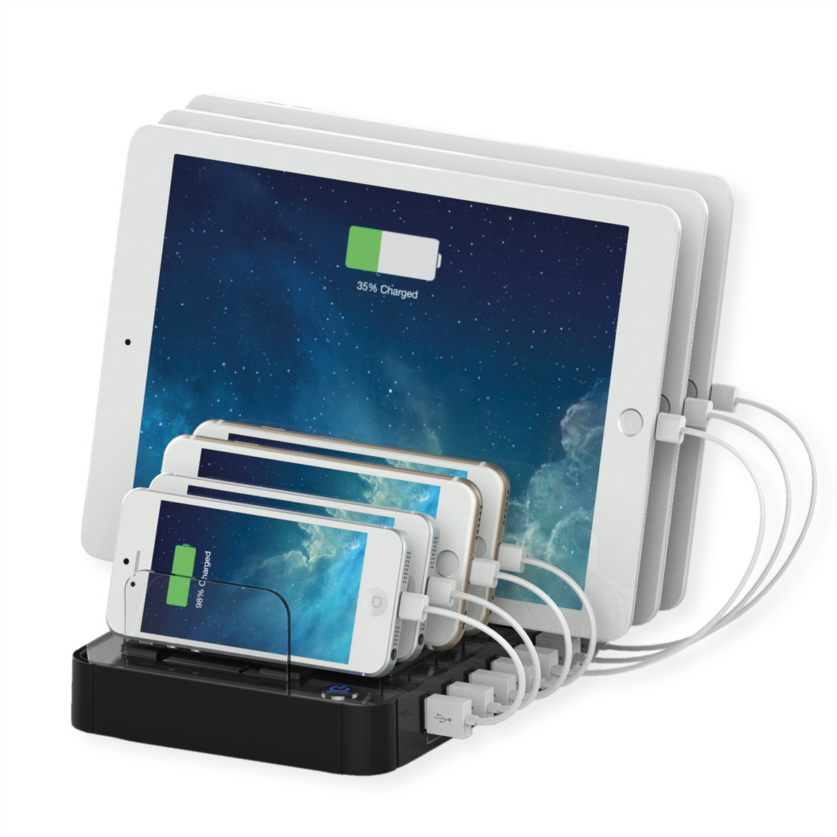 Multiple tablets and phones charging on a black charging station.