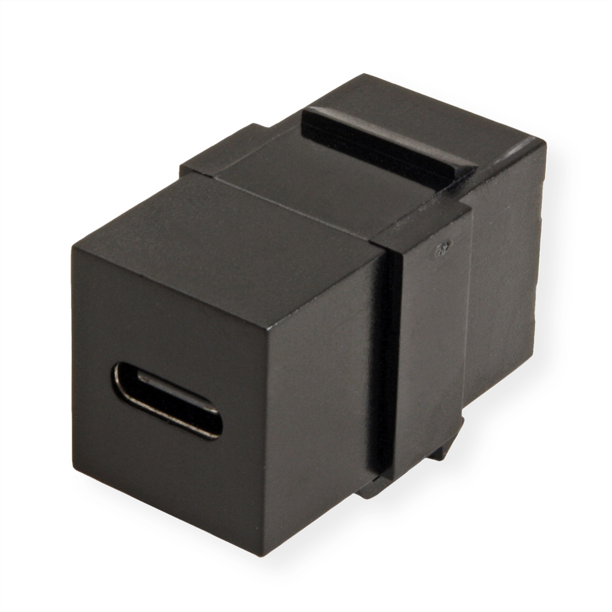 Schwarzer USB-C-Adapter. Er hat eine rechteckige Form mit USB-C-Anschluss an der Seite.