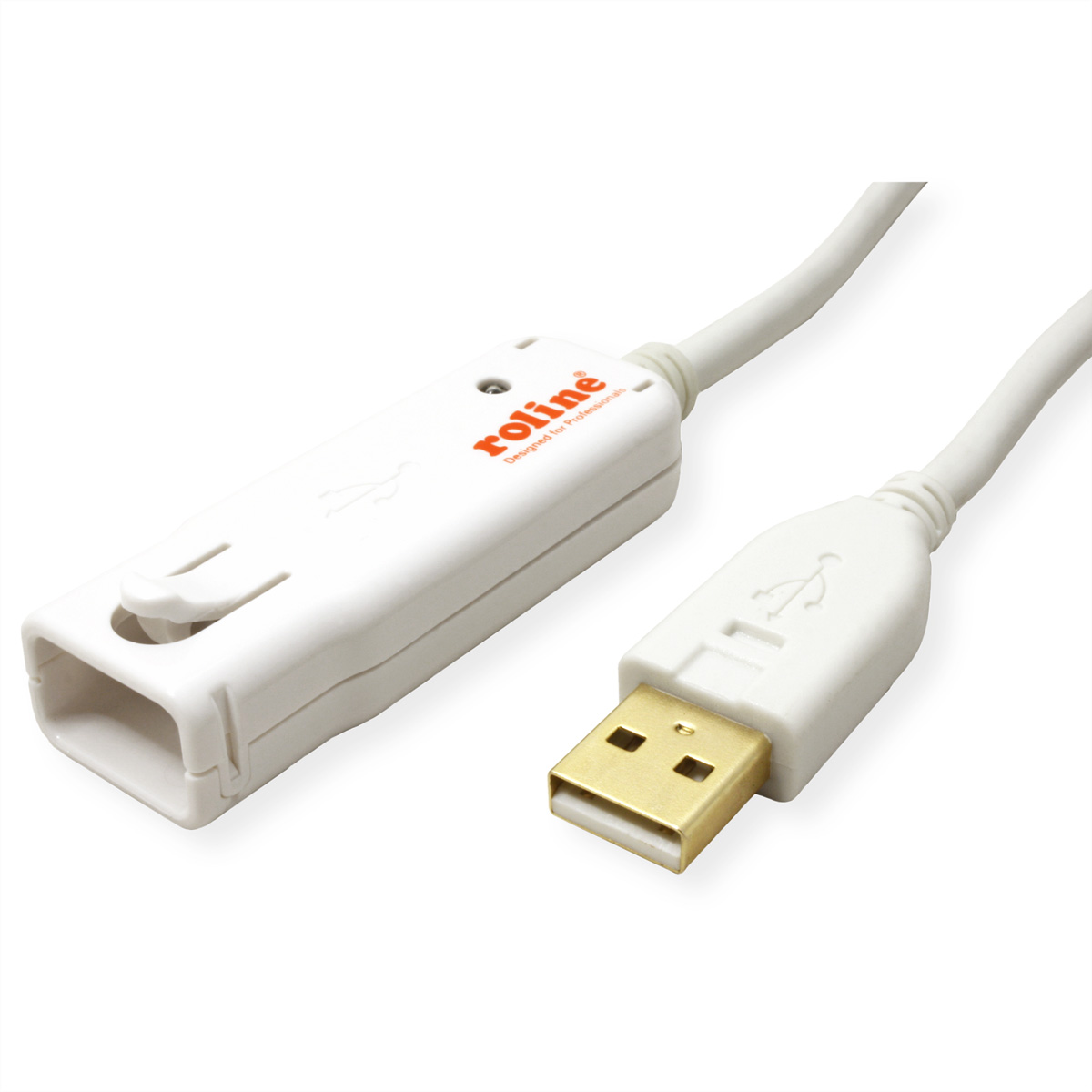 Ein weißes USB-Verlängerungskabel mit einem USB-Anschluss wird gezeigt.