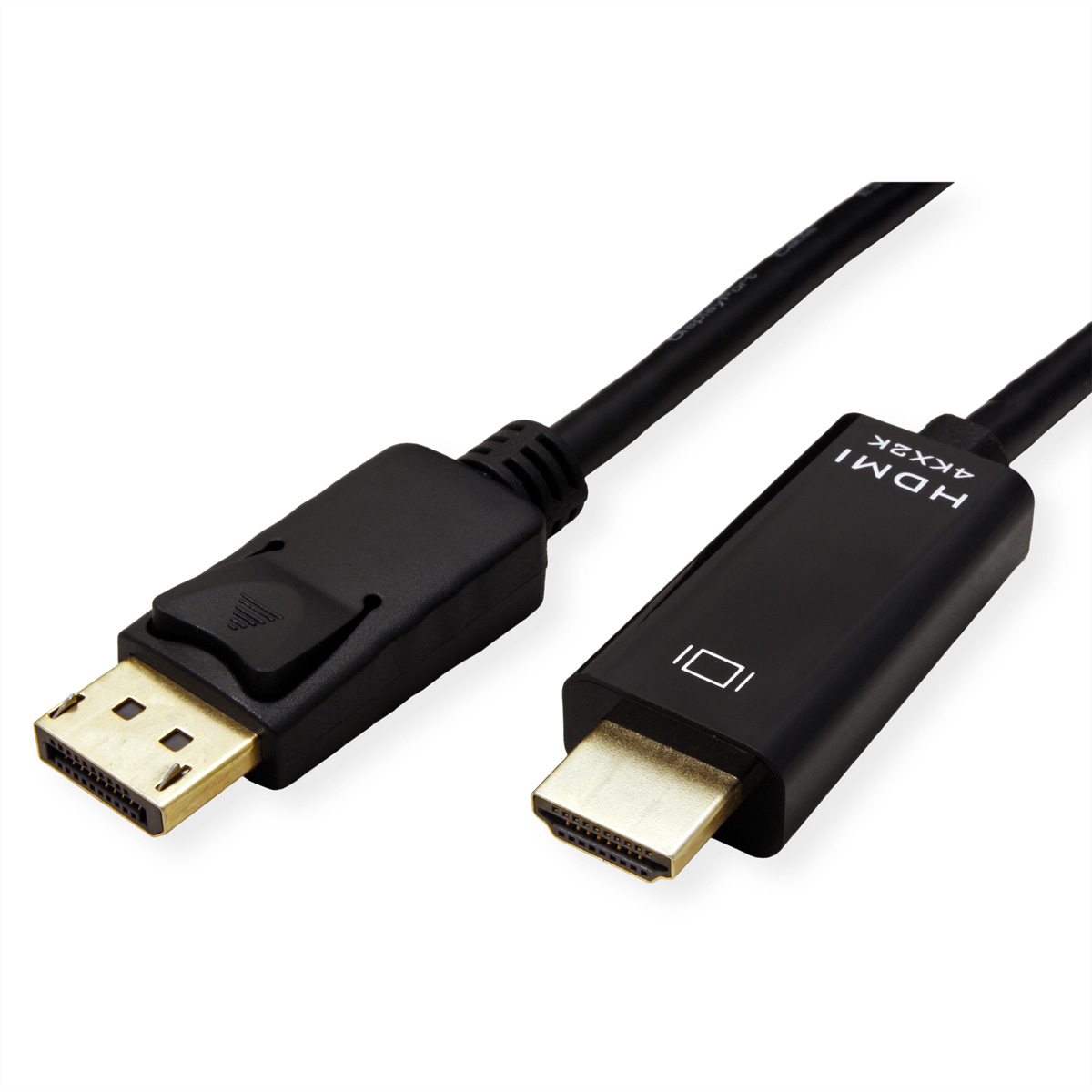 Un câble HDMI vers DisplayPort noir avec des connecteurs sur fond blanc.