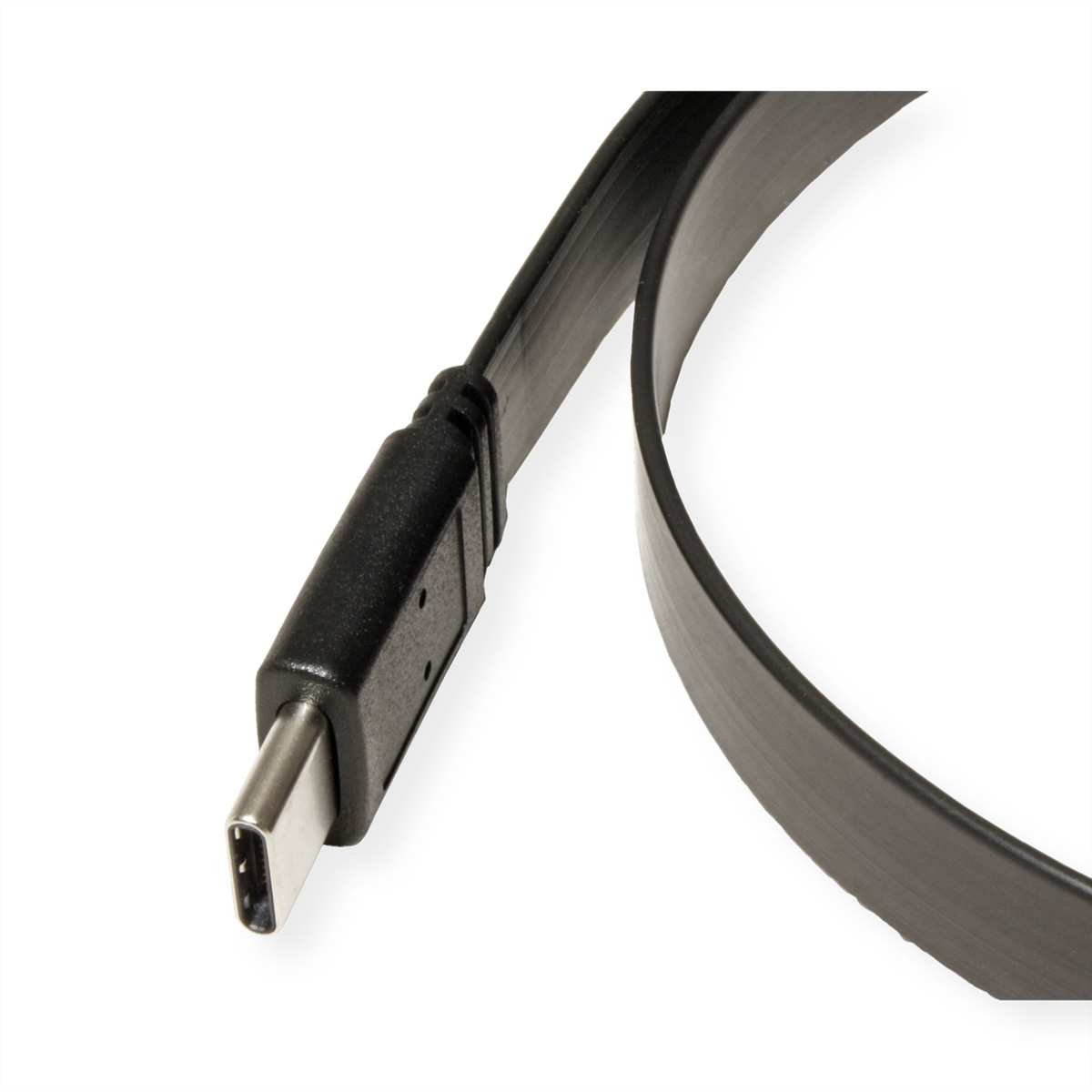 Ein schwarzes USB-C-Kabel mit einem schwarzen Stecker auf weißem Hintergrund. Das Ende ist sichtbar.