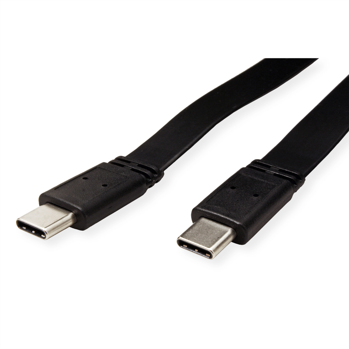 Zwei schwarze USB-C-Kabel auf weißem Hintergrund, zum Betrachter geneigt.