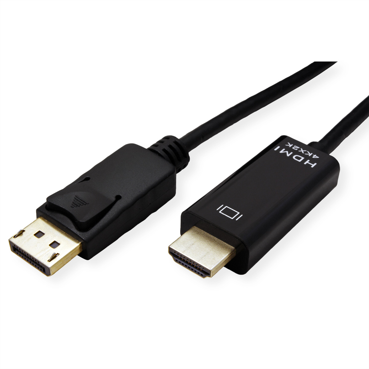 Zwarte HDMI naar DisplayPort kabel. Eén uiteinde heeft een DisplayPort-connector, de andere HDMI.