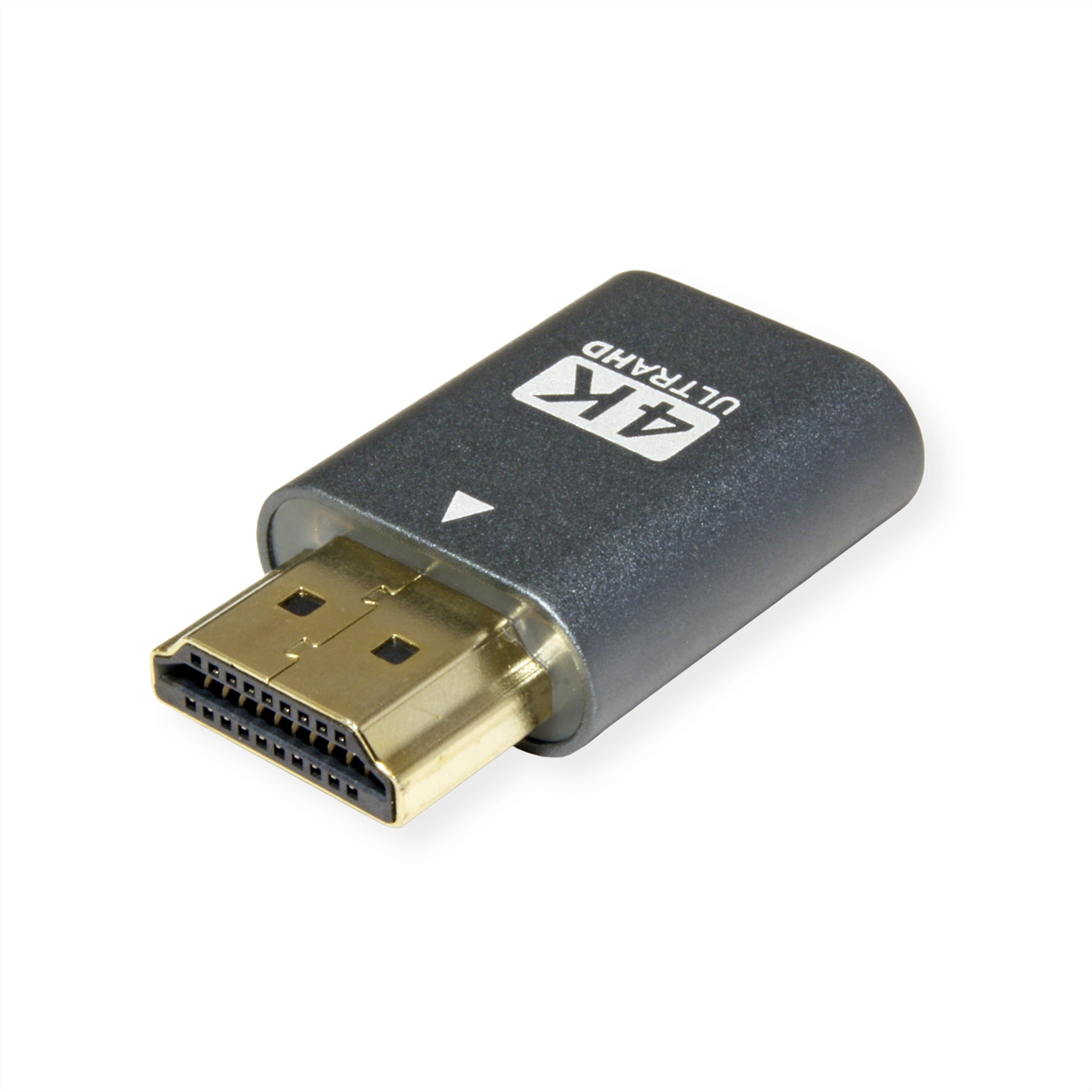 Ein schwarzer HDMI-zu-4K-Ultra-Adapter mit einem goldenen HDMI-Anschluss auf weißem Hintergrund.