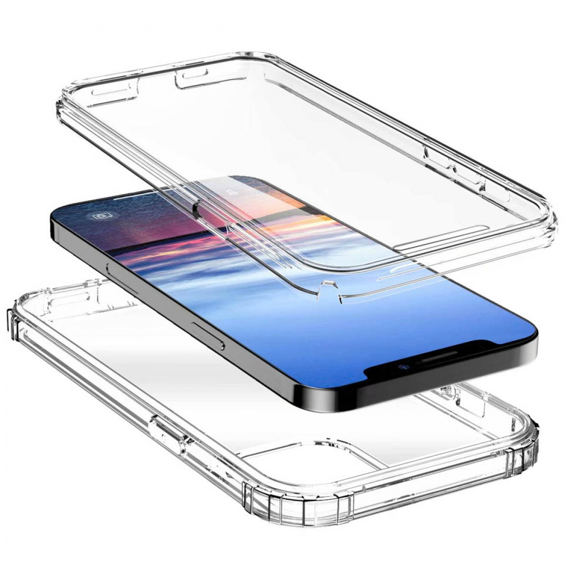 Eine transparente Handyhülle wird mit einem Telefon im Inneren gezeigt. Die Hülle besteht aus zwei Teilen.