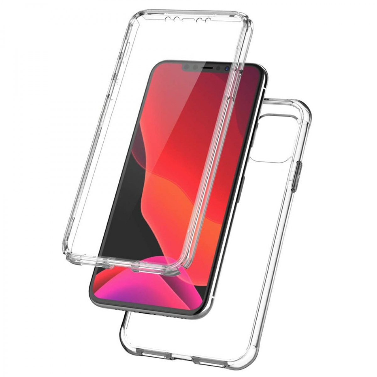 Ein Telefon mit rotem Bildschirm und eine transparente Schutzhülle.