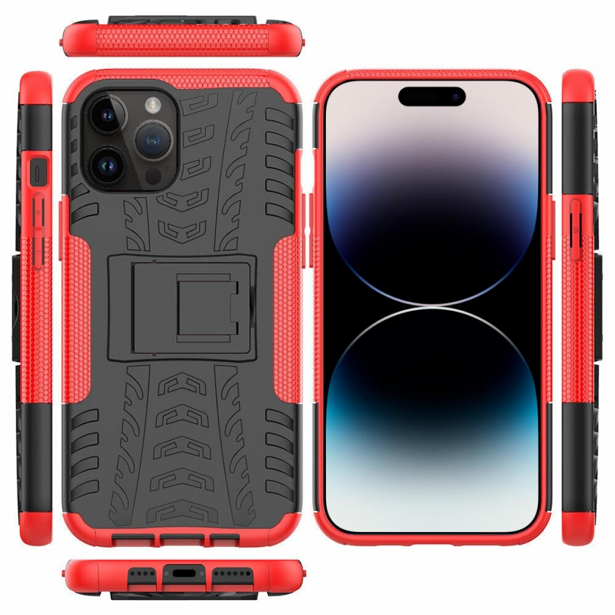 Eine Handyhülle mit rotem und schwarzem Design und einem eingebauten Ständer. Das Telefon ist sichtbar.