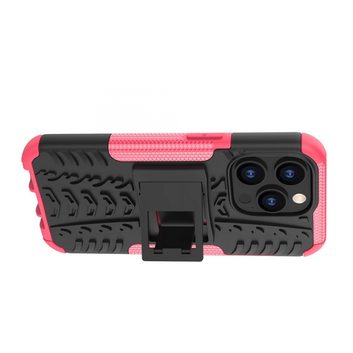 Eine pinke und schwarze Handyhülle mit Ständer, ein Telefon mit drei Kameralinsen.