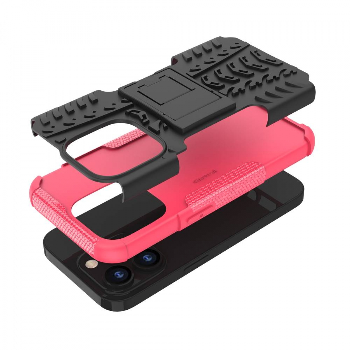 Eine zerlegte Handyhülle, die ein schwarzes Telefon, eine rosa Innenschicht und eine schwarze Außenschicht zeigt.