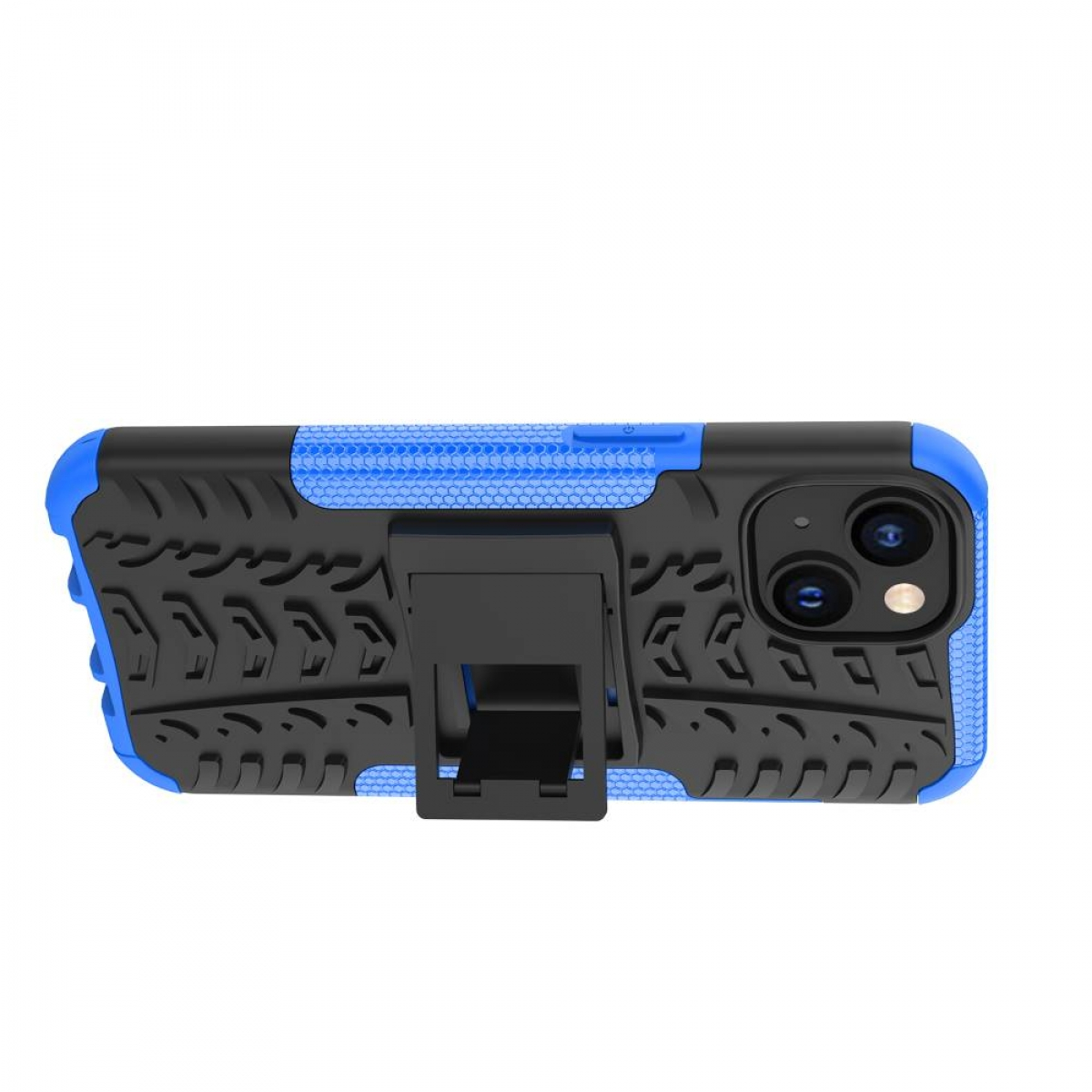 Eine blau-schwarze Handyhülle mit Ständer, die ein Reifenprofilmuster zeigt.