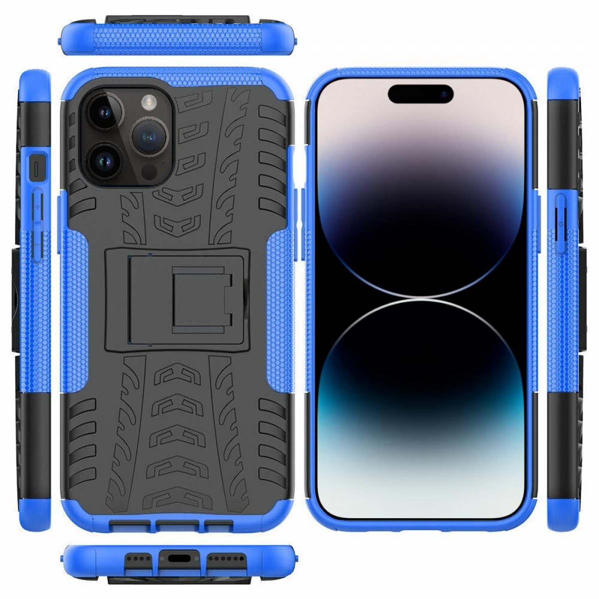 Schwarz-blaue Handyhülle mit Ständer. Mehrere Ansichten. Weißer Hintergrund.
