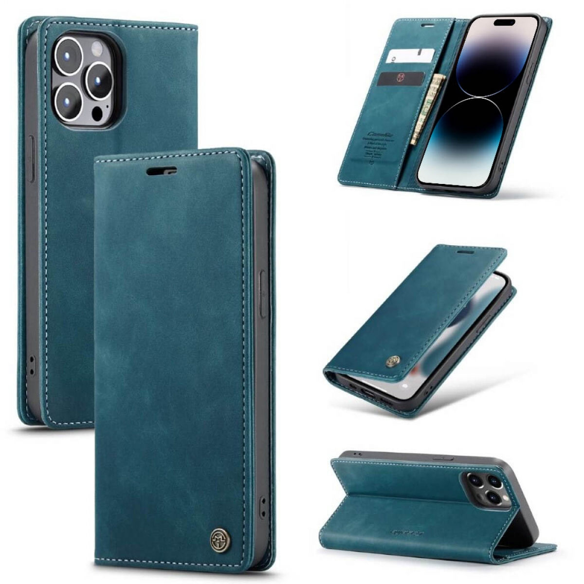Eine blaue Handyhülle mit mehreren Ansichten, die das Telefon im Inneren und seine Funktionen, einschließlich Kartenfächern, zeigt.