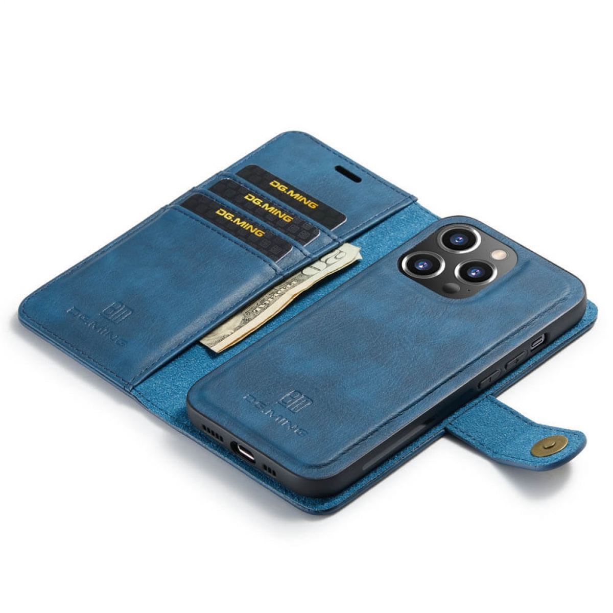 Ein blaues Leder-Handycase mit Karten und einem Telefon.