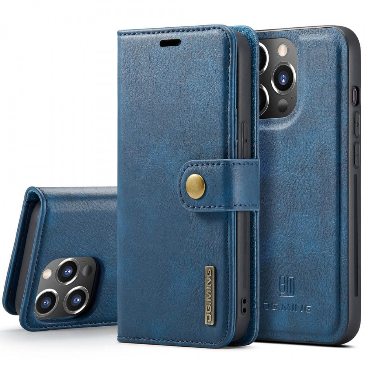 Blaue Handyhülle mit Knopf und Abdeckung. Drei Hüllen stehen.
