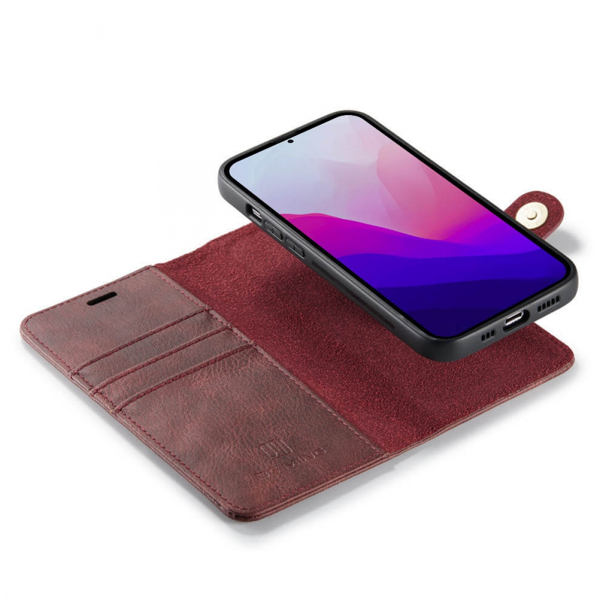 Smartphone in schwarzem Case, offenes rotes Lederetui mit Kartenfächern. Weißer Hintergrund.