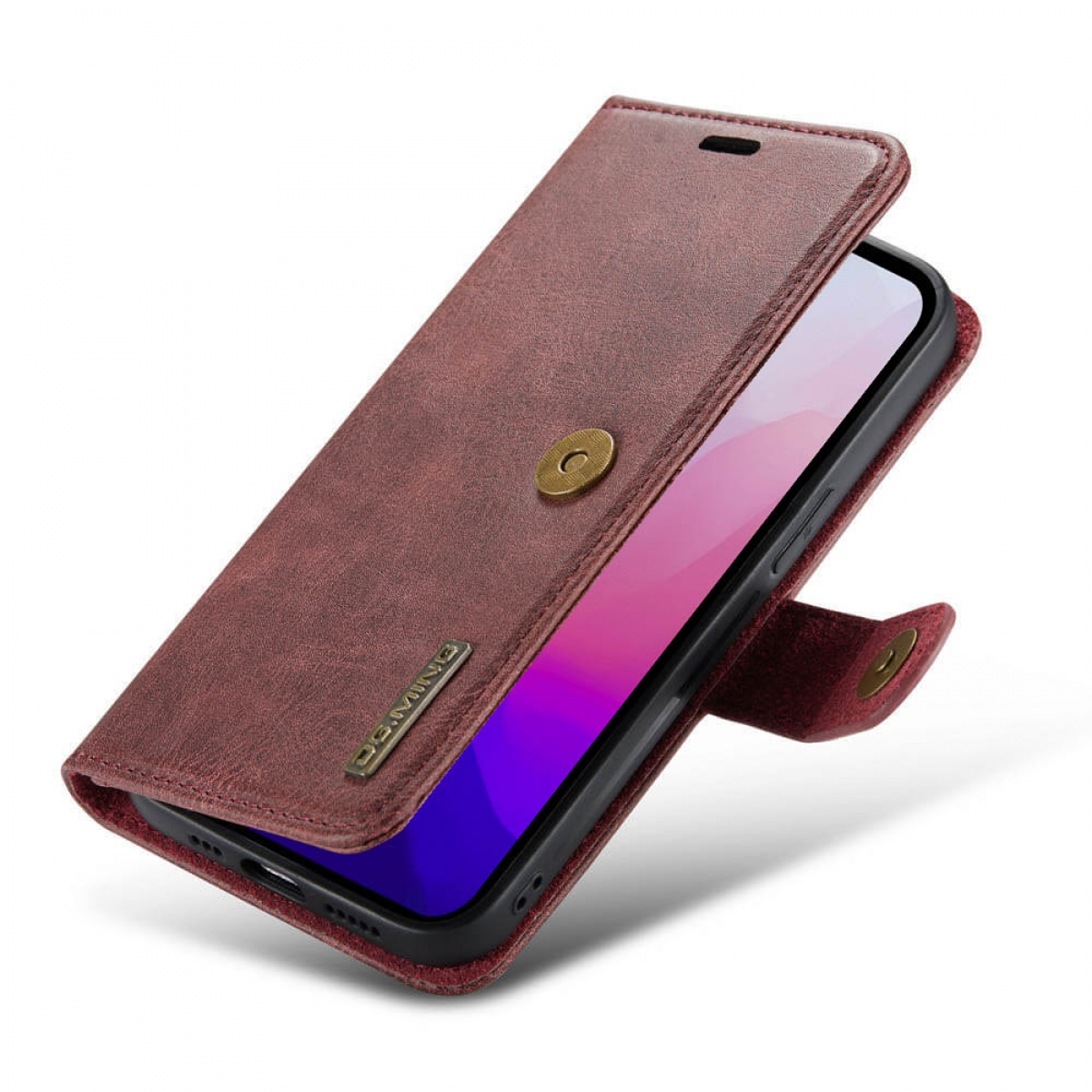 Geöffnete braune Leder-Handyhülle mit Handy. Die Hülle hat einen Magnetverschluss.