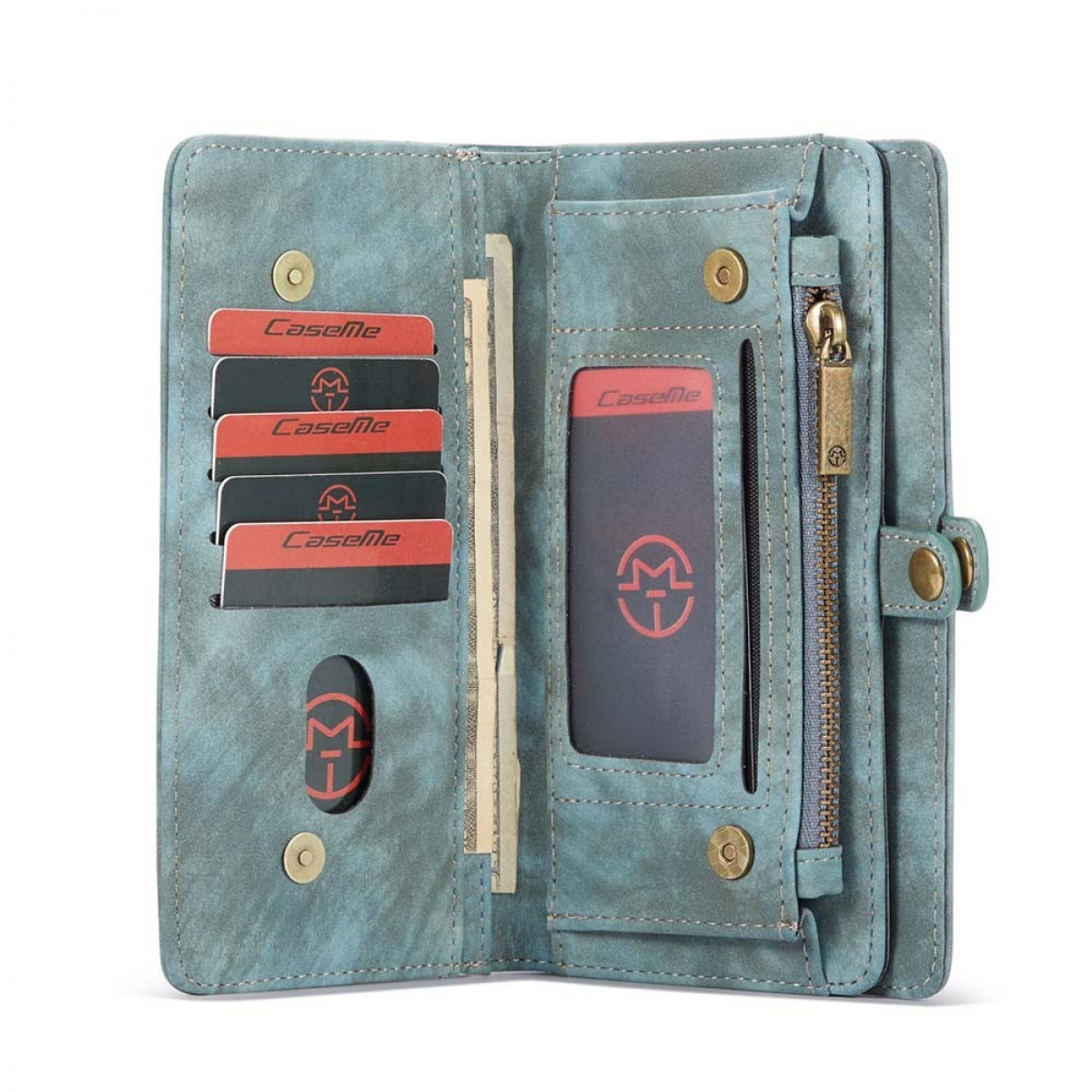 Geöffnete blaue Lederbrieftasche mit Fächern, Karten und Bargeld sichtbar.