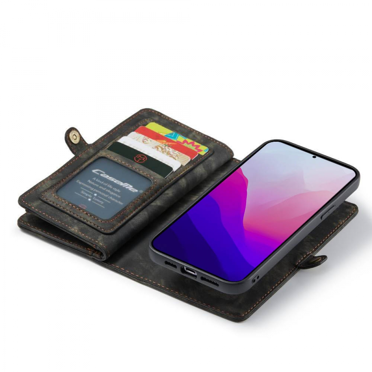 Eine braune Handyhülle mit Karten ist geöffnet und zeigt ein Handy mit lila Bildschirm.